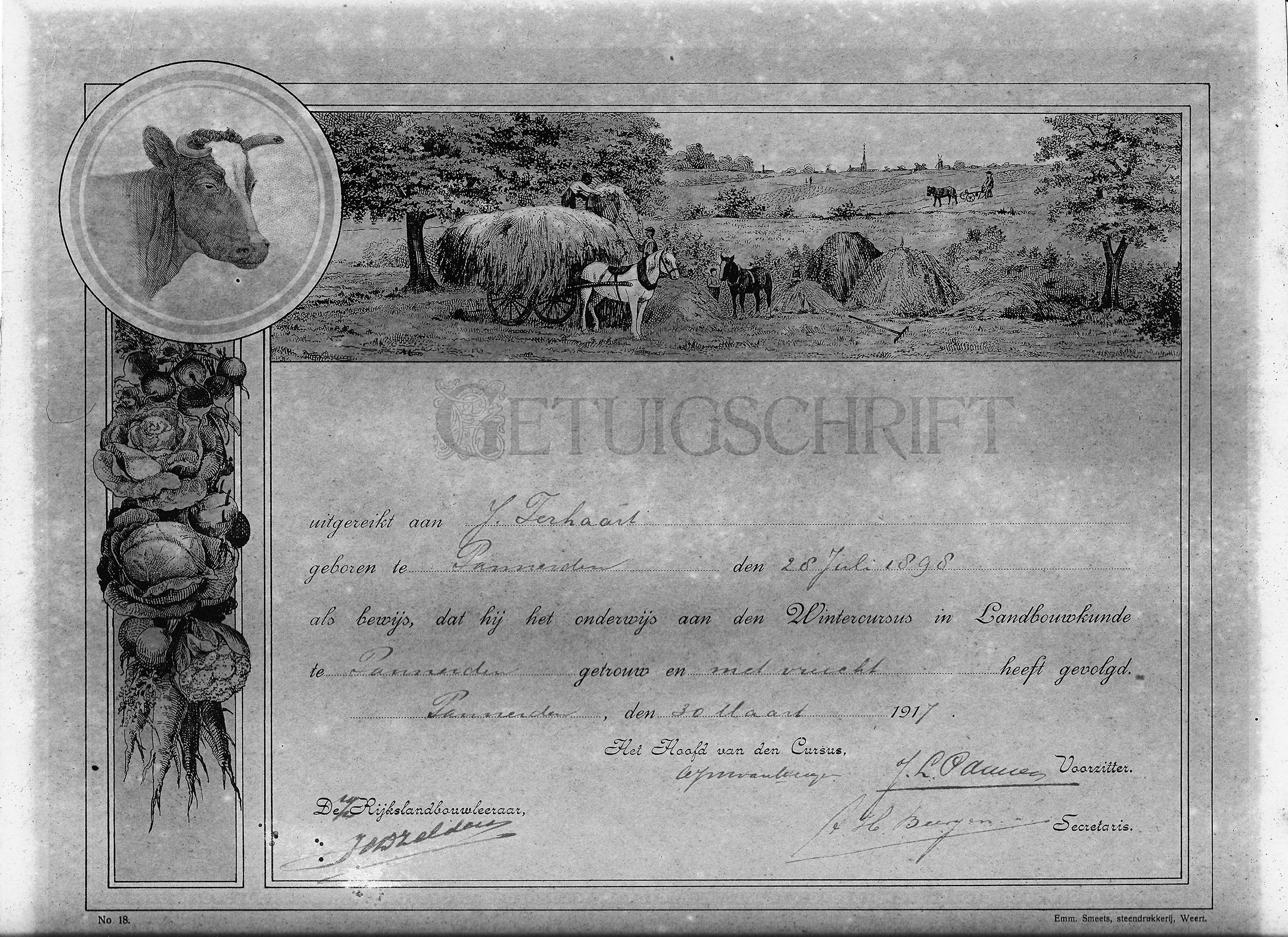 Getuigschrift J Terhaart 30-03-1917